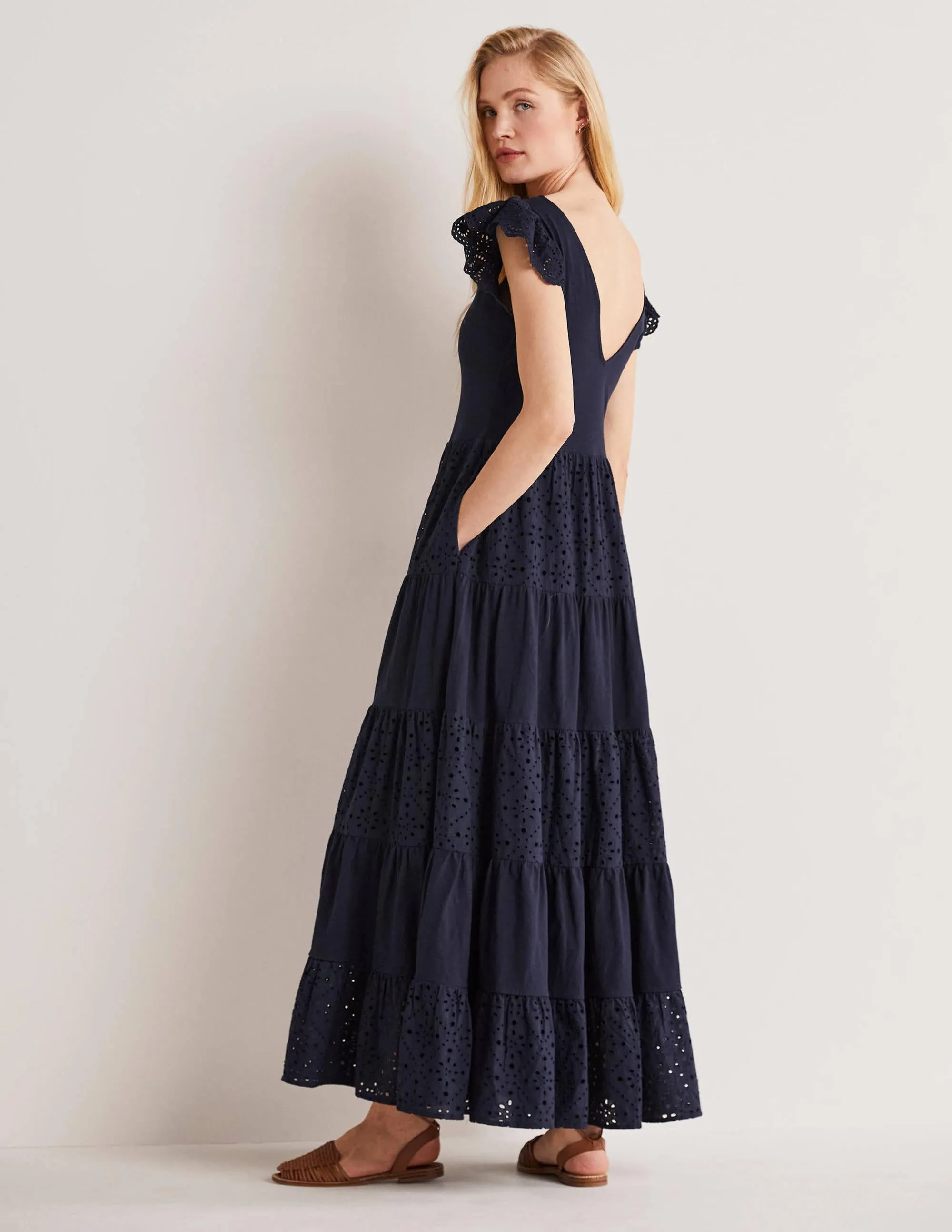 Broderie Mix Jersey Maxi Dress-Navy
