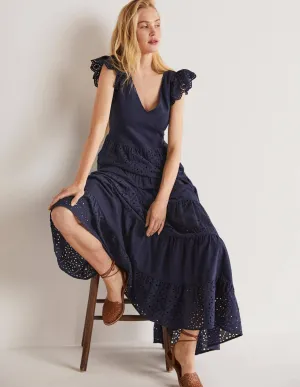 Broderie Mix Jersey Maxi Dress-Navy