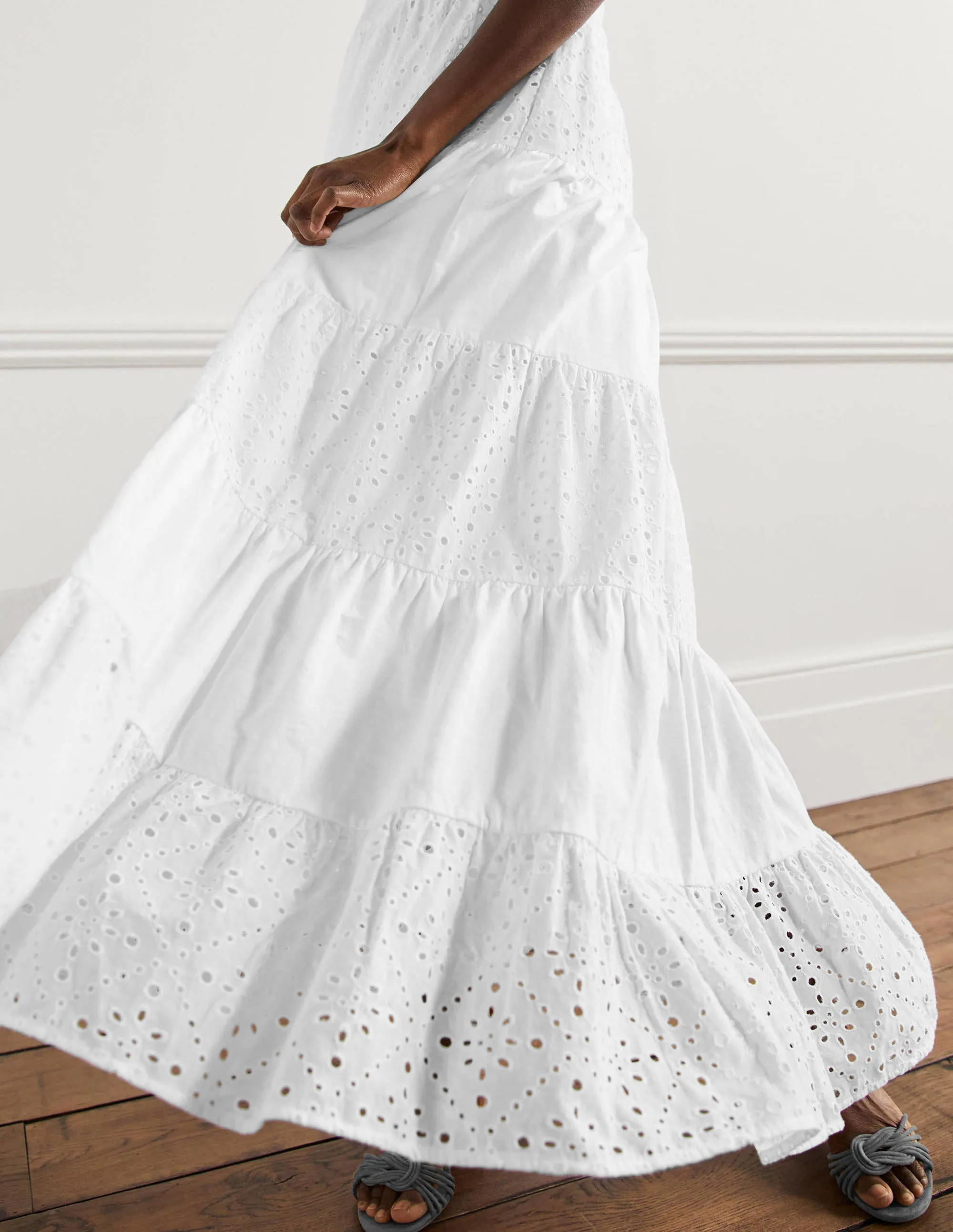 Broderie Mix Jersey Maxi Dress-White