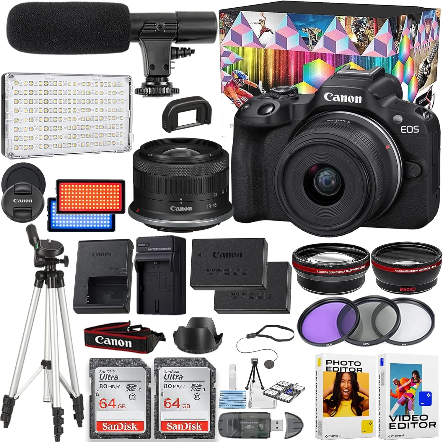 Canon EOS R50 Mirrorless Camera with Video Creator Kit   Canon RF-S 18-45mm f/4.5-6.3 is STM Lens   2pc 64GB Memory Cards   Softwear Editor   Tripod & More (Renewed)