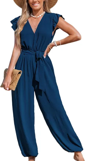 CUPSHE Women's Dressy Vacation Jumpsuit Surplice Neck Sleeveless Waist Tie Ruffled Trim Tapered Leg Beach 2025 Outfits