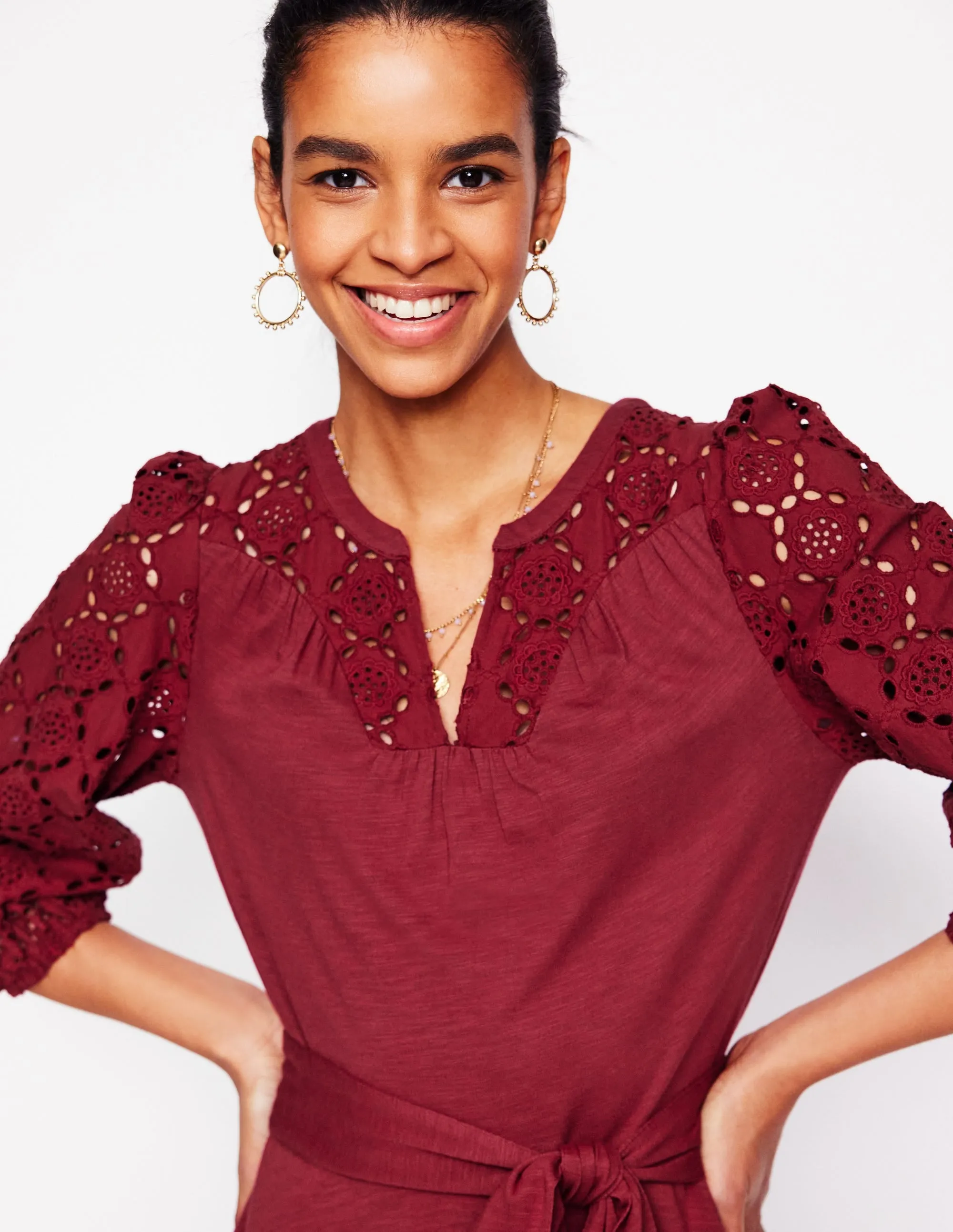 Eden Broderie Jersey Dress-Garnet Red
