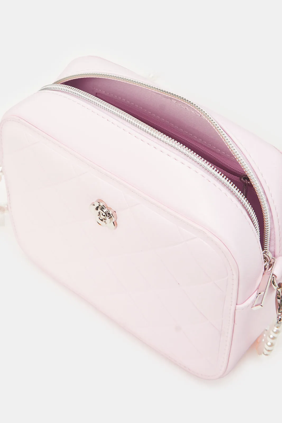 Girls Pink Quilted Embellished Cross Body Bag