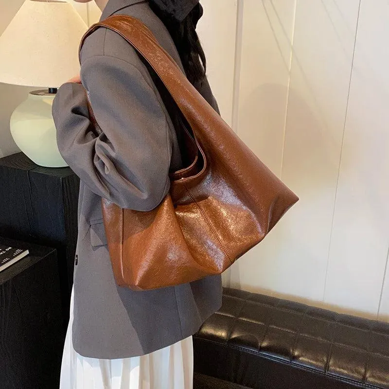 Large Hobo Bags Soft Leather Women Snap Handbags Casual Solid Shoulder Bags
