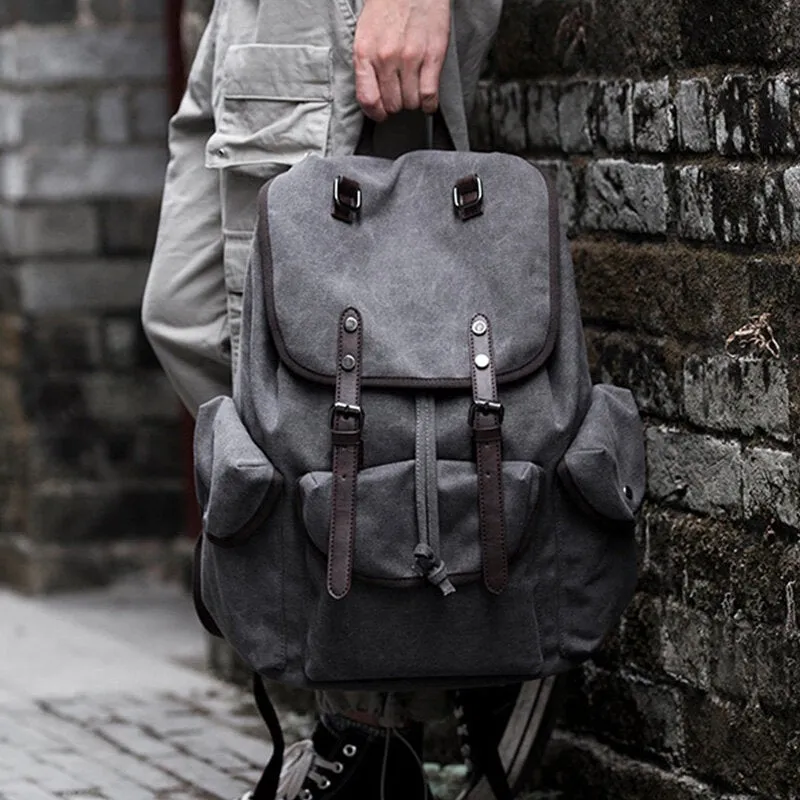 Men Washed Canvas Thickened Shoulder Strap Design Breathable Backpack Retro Casual 15.6 Inch Laptop Bag Drawstring Hasp