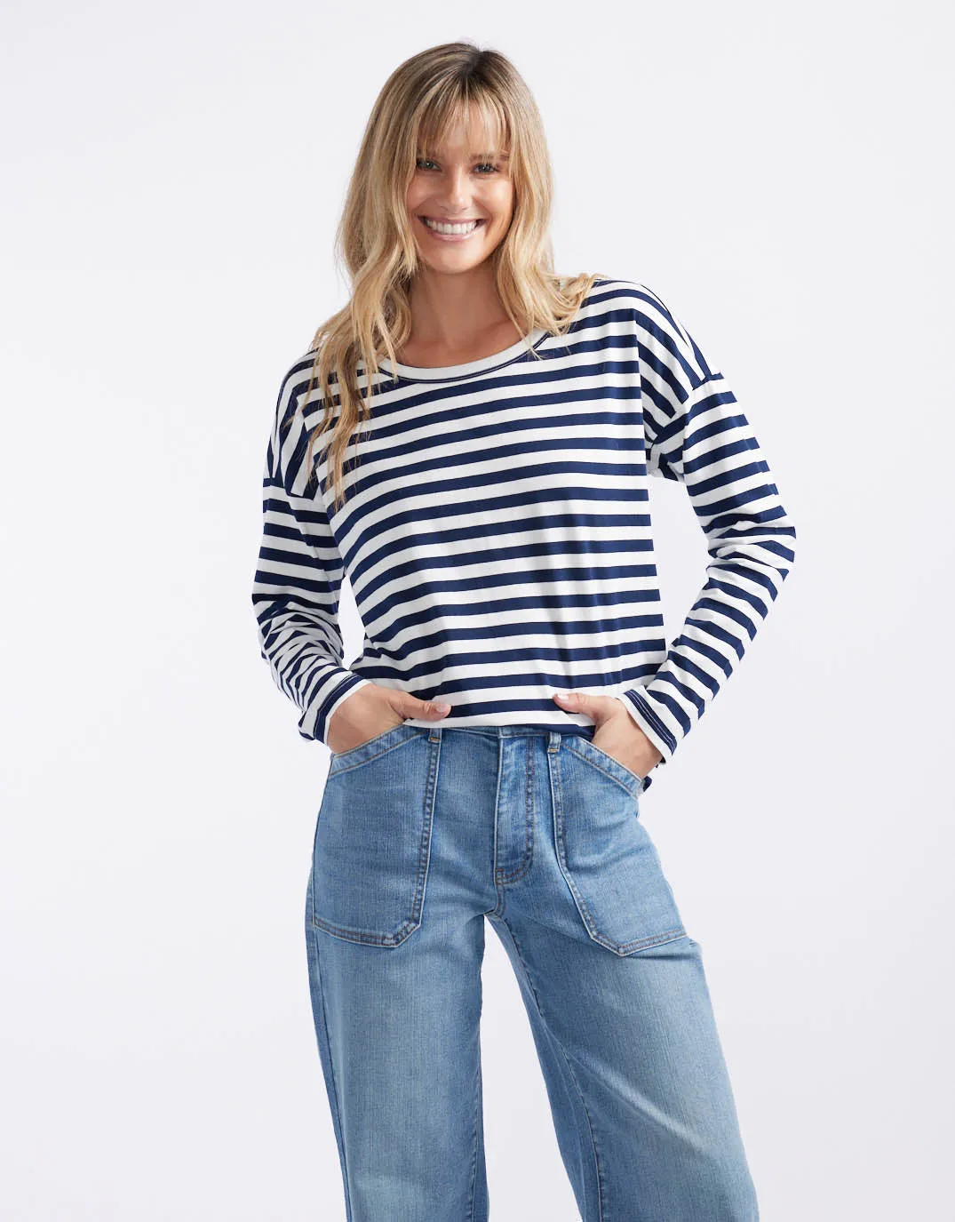 Relaxed Long Sleeve T-Shirt - French Navy/White