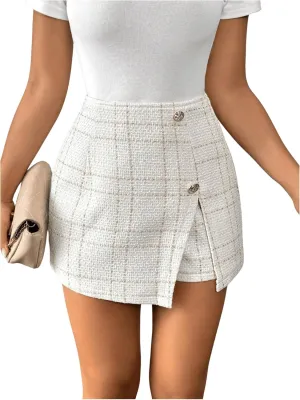 SHENHE Women's Plaid High Waist Skort Split Hem Button Elegant Work Office Skirt Shorts