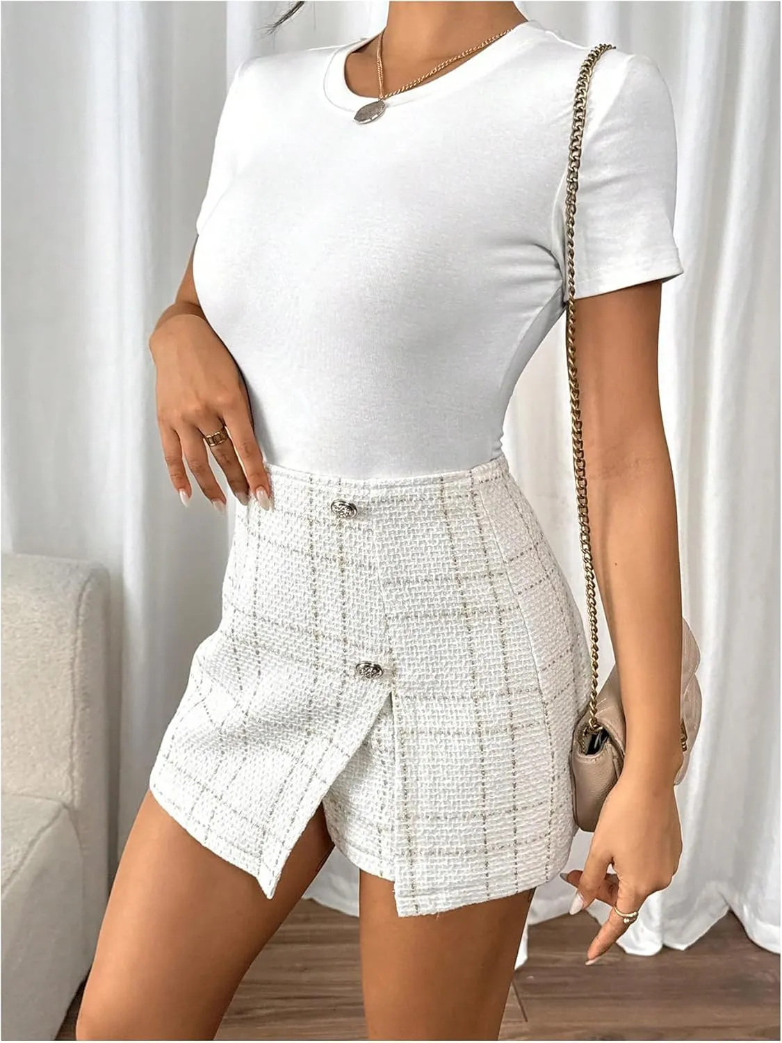 SHENHE Women's Plaid High Waist Skort Split Hem Button Elegant Work Office Skirt Shorts