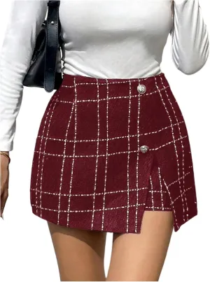SHENHE Women's Plaid High Waist Skort Split Hem Button Elegant Work Office Skirt Shorts