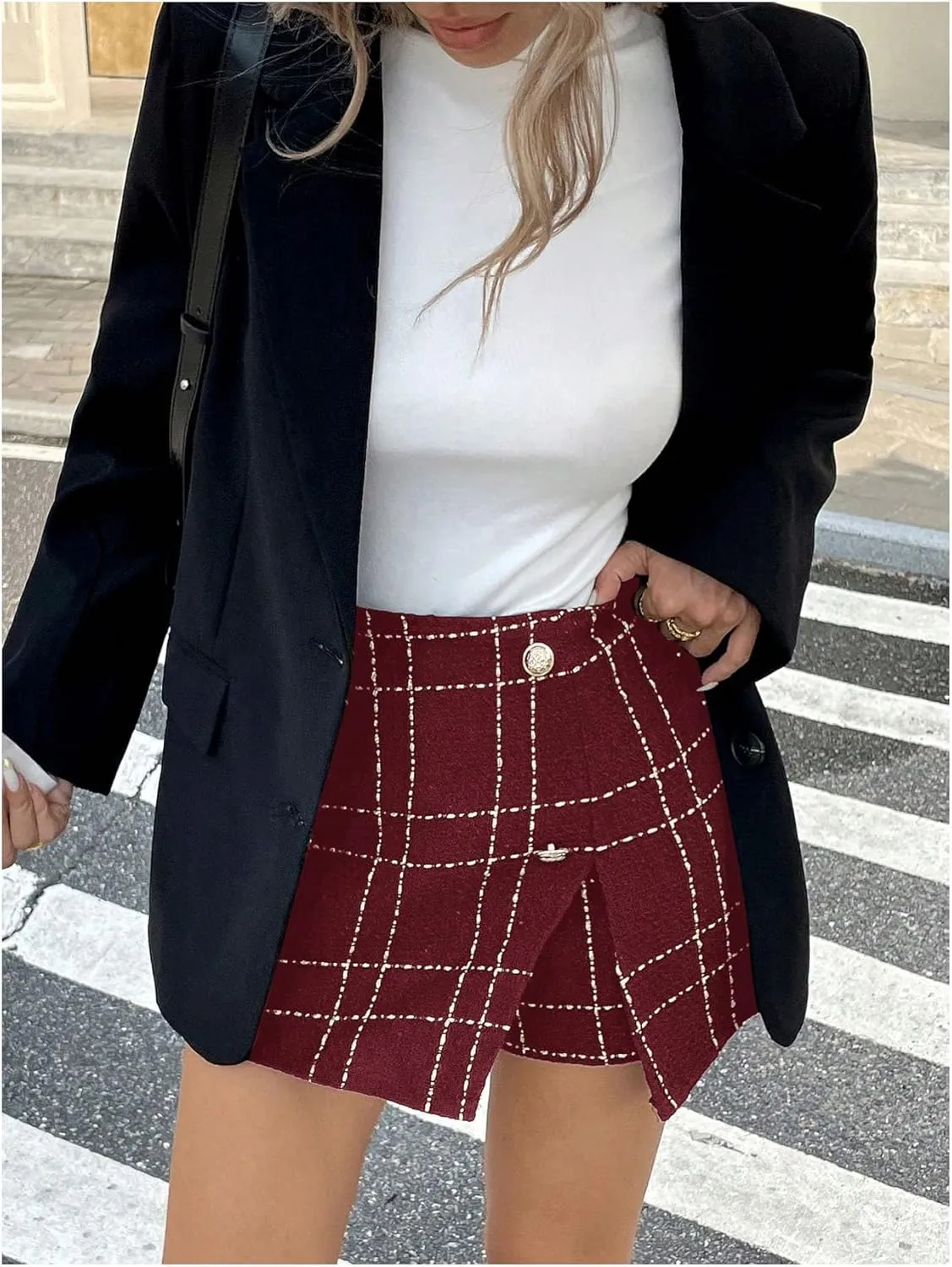 SHENHE Women's Plaid High Waist Skort Split Hem Button Elegant Work Office Skirt Shorts