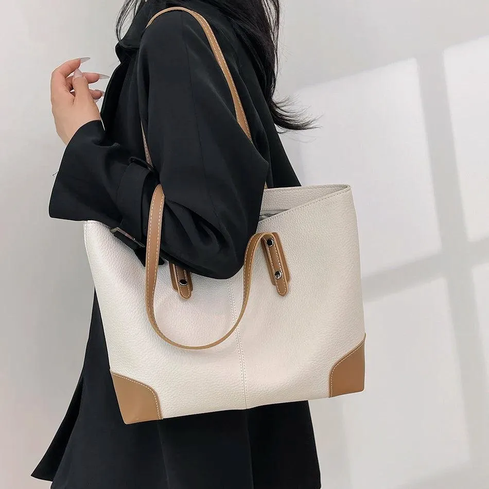 Tote Handbags Large Leather Riveted Double Handles Zipper Shoulder Bags