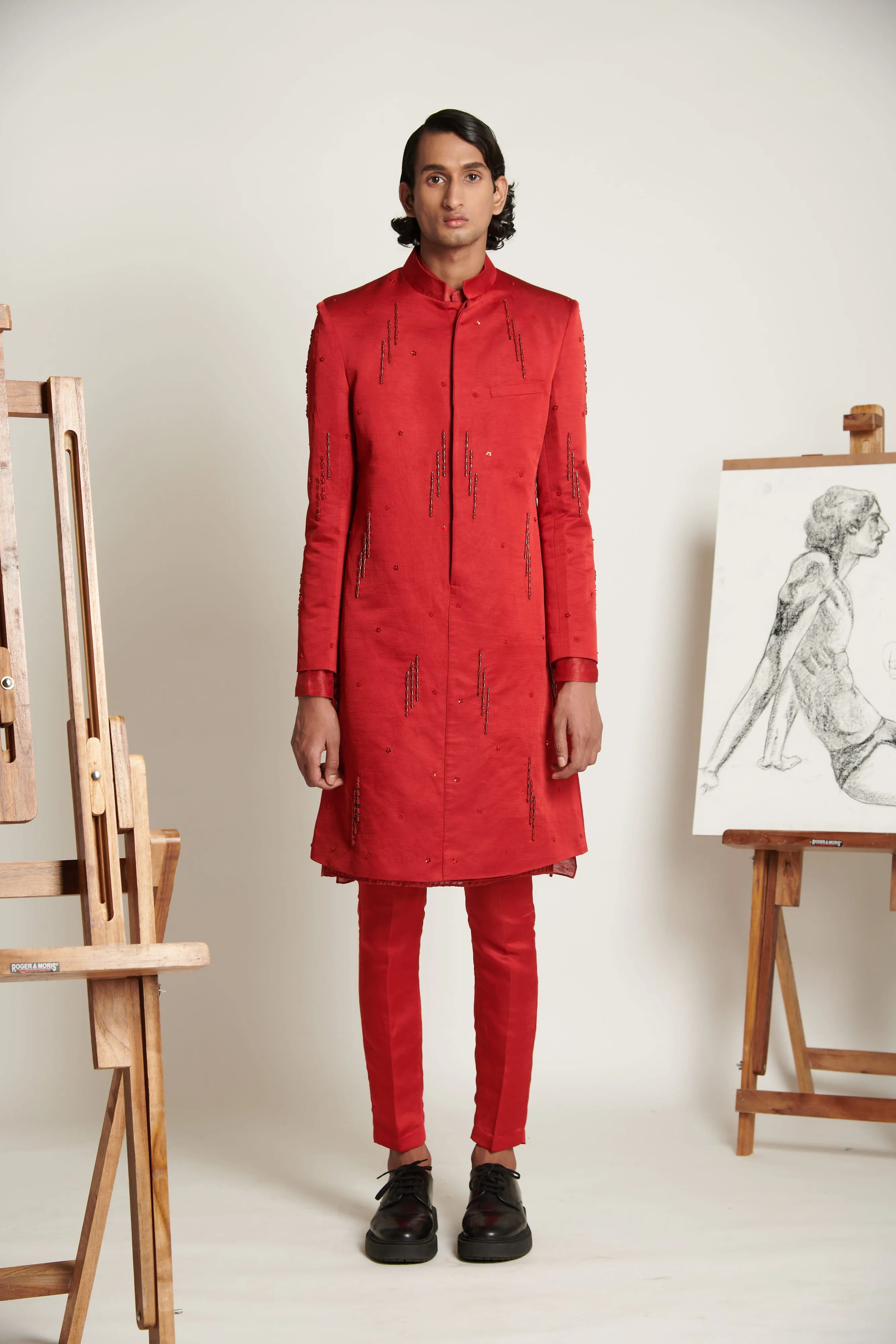 Vermillion Geometric Burst Sherwani