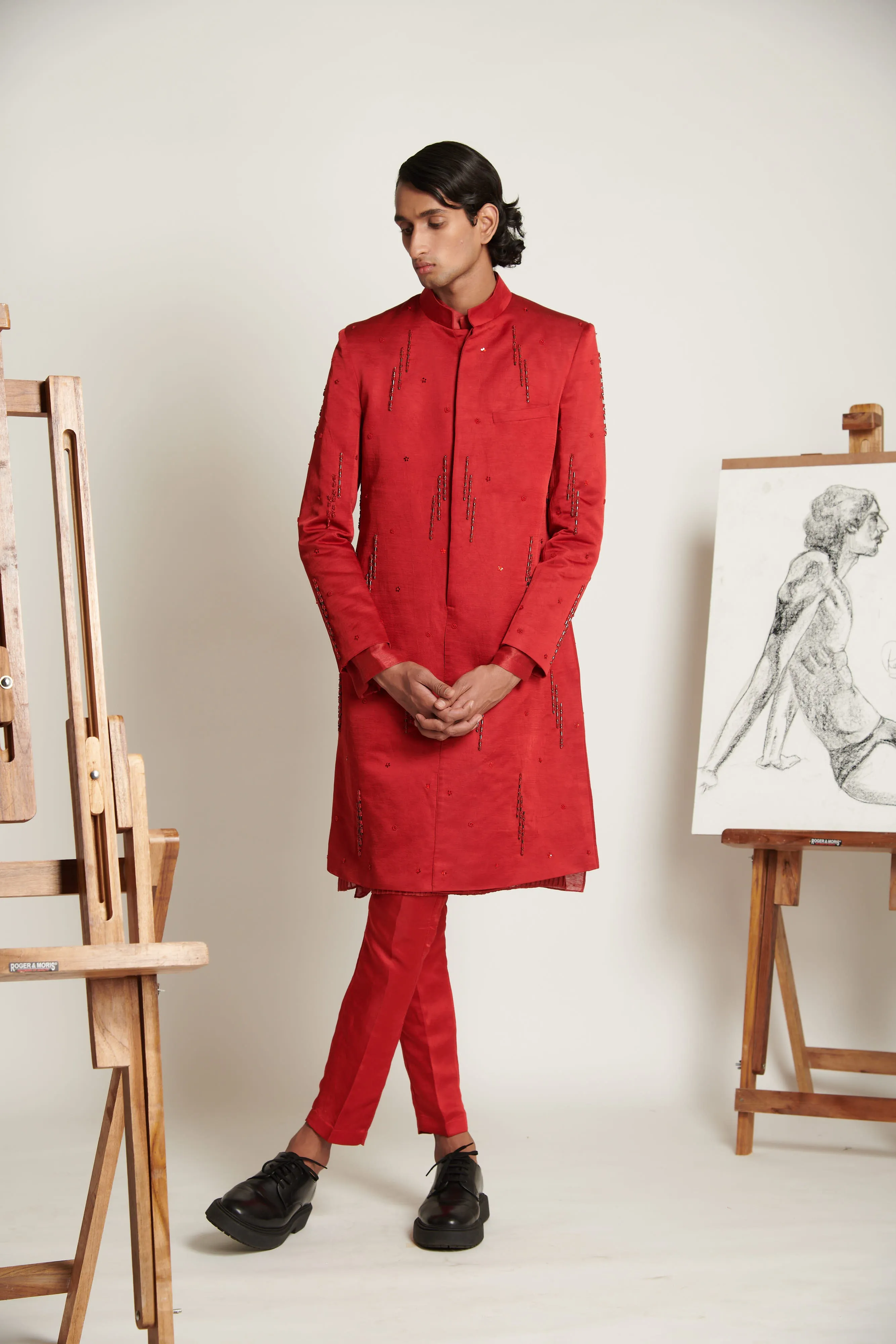 Vermillion Geometric Burst Sherwani