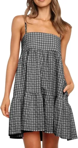 Wenrine Womens Summer Plaid Mini Dress Casual Spaghetti Strap Sleeveless A Line Beach Sundress with Pockets