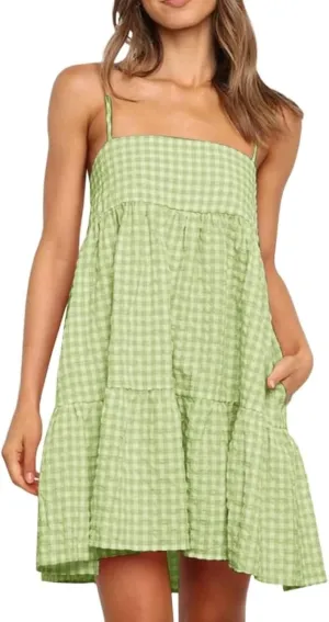 Wenrine Womens Summer Plaid Mini Dress Casual Spaghetti Strap Sleeveless A Line Beach Sundress with Pockets