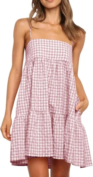 Wenrine Womens Summer Plaid Mini Dress Casual Spaghetti Strap Sleeveless A Line Beach Sundress with Pockets