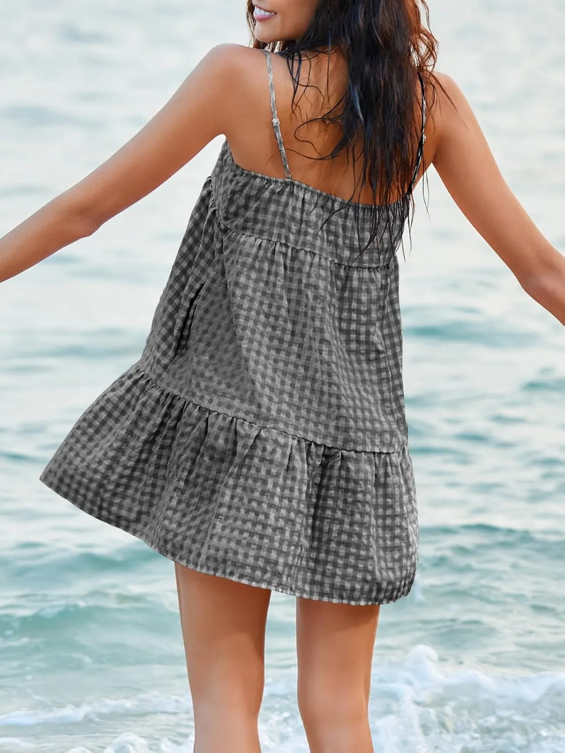 Wenrine Womens Summer Plaid Mini Dress Casual Spaghetti Strap Sleeveless A Line Beach Sundress with Pockets