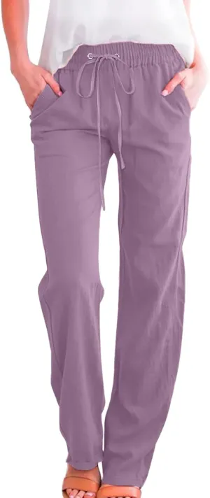 Women Linen Palazzo Pants Winter Low Outfits Trousers with Pockets Flare Leggings High Waisted