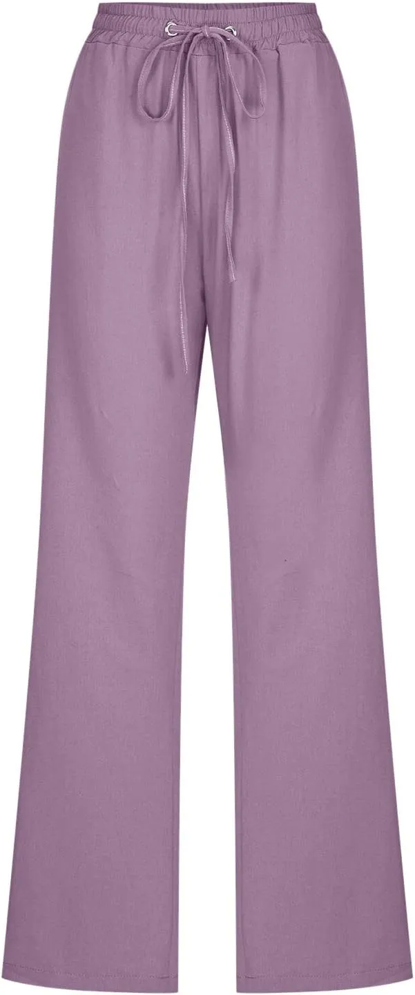 Women Linen Palazzo Pants Winter Low Outfits Trousers with Pockets Flare Leggings High Waisted