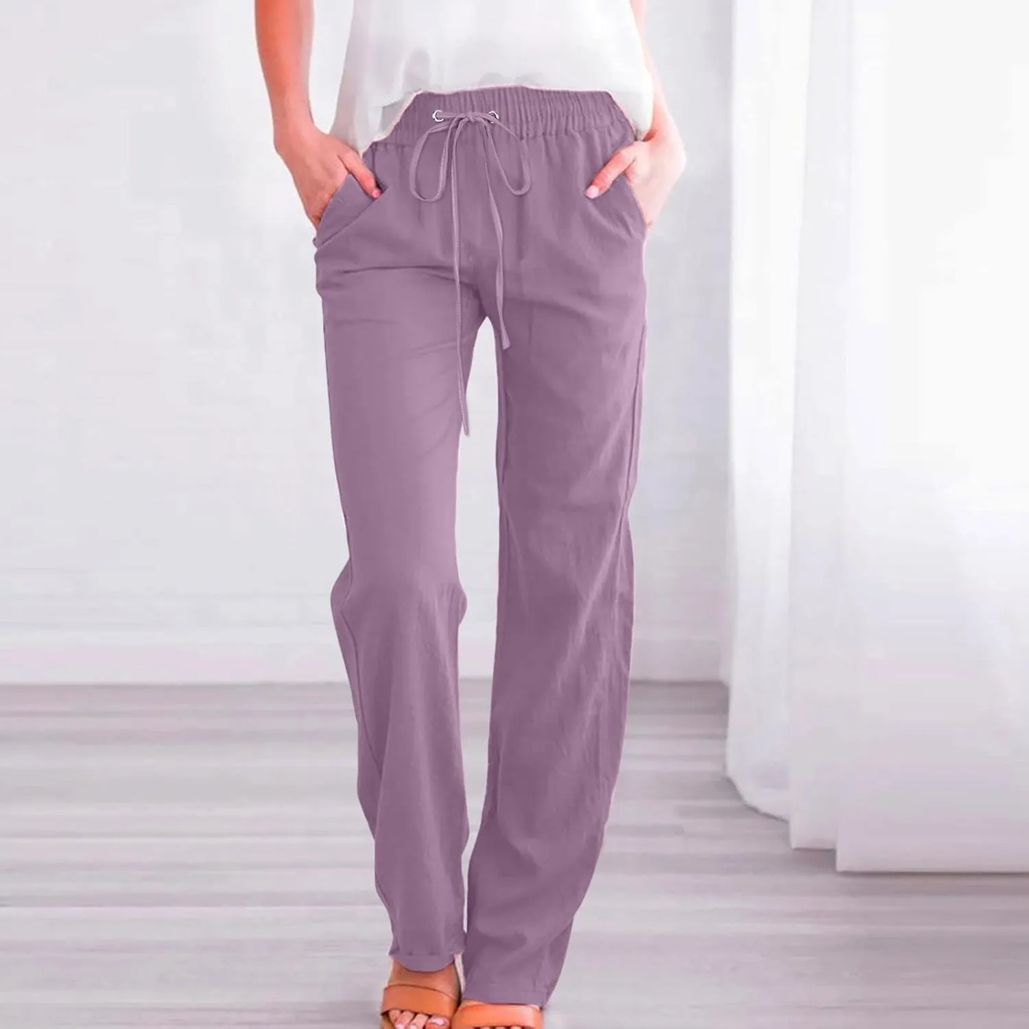 Women Linen Palazzo Pants Winter Low Outfits Trousers with Pockets Flare Leggings High Waisted