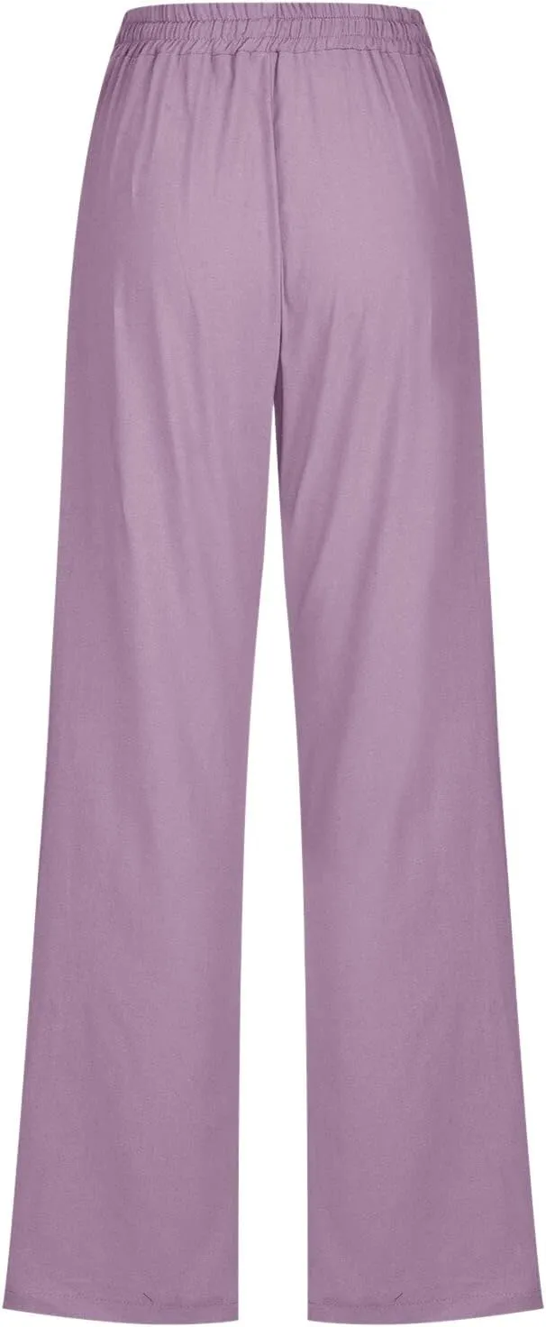 Women Linen Palazzo Pants Winter Low Outfits Trousers with Pockets Flare Leggings High Waisted