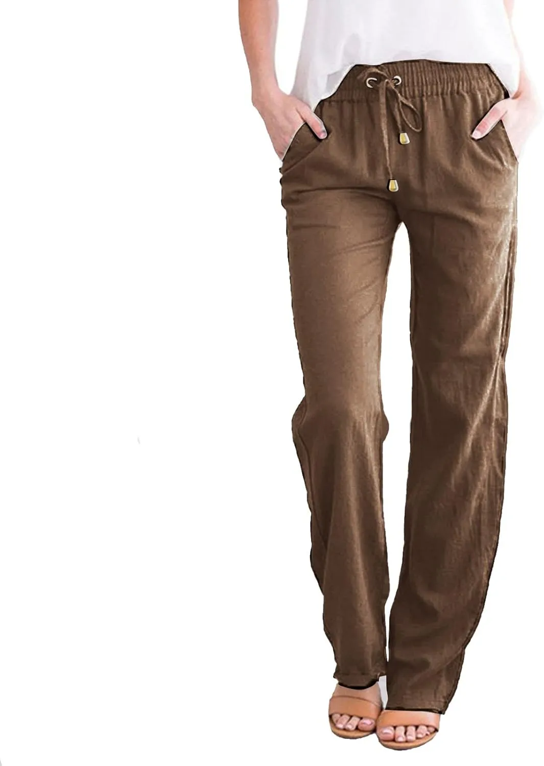 Womens Linen Casual Pants Winter Trendy Yoga Trousers with Pockets Fleece Lined Straight Leg