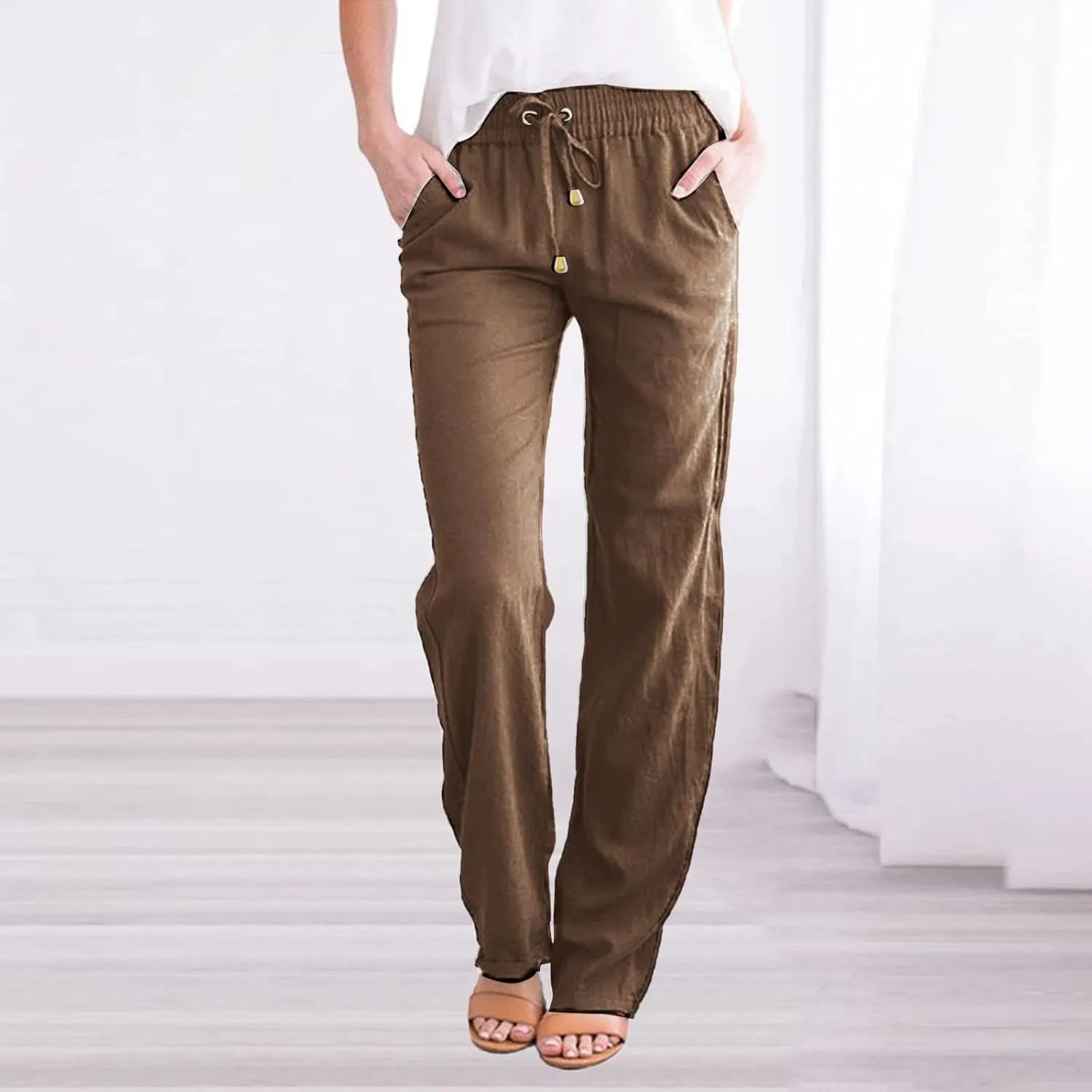 Womens Linen Casual Pants Winter Trendy Yoga Trousers with Pockets Fleece Lined Straight Leg