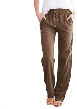 Womens Linen Casual Pants Winter Trendy Yoga Trousers with Pockets Fleece Lined Straight Leg