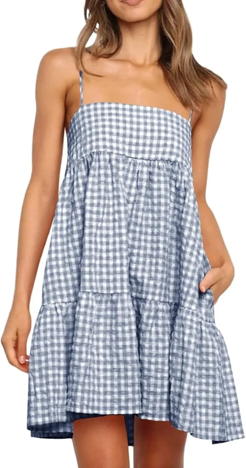 Womens Plaid A-line Dresses Shoulder Straps Ruffle Hem Casual Mini Dress with Side Pocket