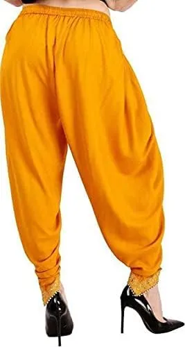 Women's Traditional Dhoti Harem Pants, Cream White with Gold Embellishments, Free Size 28-36