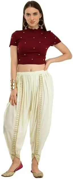 Women's Traditional Dhoti Harem Pants, Cream White with Gold Embellishments, Free Size 28-36