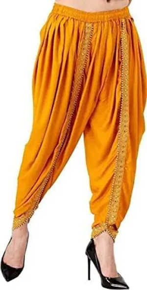 Women's Traditional Dhoti Harem Pants, Cream White with Gold Embellishments, Free Size 28-36