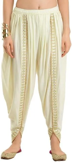 Women's Traditional Dhoti Harem Pants, Cream White with Gold Embellishments, Free Size 28-36