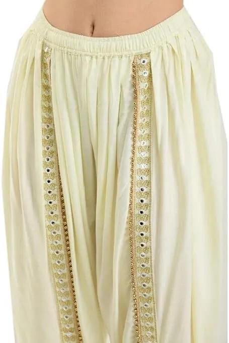 Women's Traditional Dhoti Harem Pants, Cream White with Gold Embellishments, Free Size 28-36