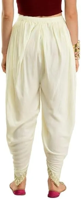 Women's Traditional Dhoti Harem Pants, Cream White with Gold Embellishments, Free Size 28-36