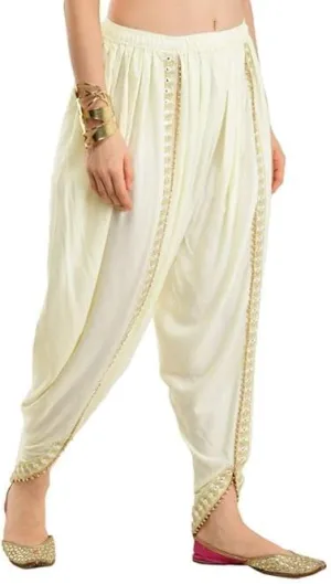 Women's Traditional Dhoti Harem Pants, Cream White with Gold Embellishments, Free Size 28-36