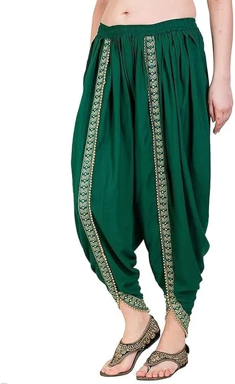 Women's Traditional Dhoti Harem Pants, Cream White with Gold Embellishments, Free Size 28-36