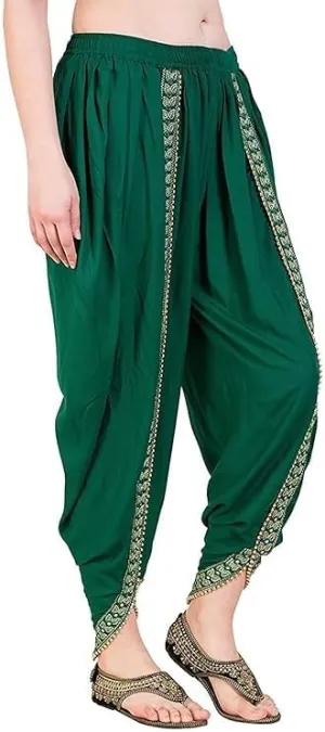 Women's Traditional Dhoti Harem Pants, Cream White with Gold Embellishments, Free Size 28-36