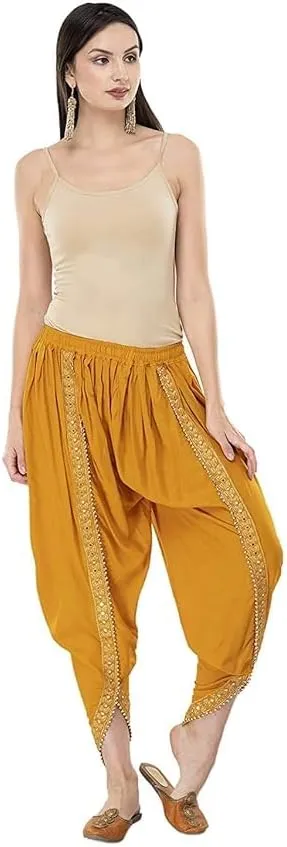 Women's Traditional Dhoti Harem Pants, Cream White with Gold Embellishments, Free Size 28-36