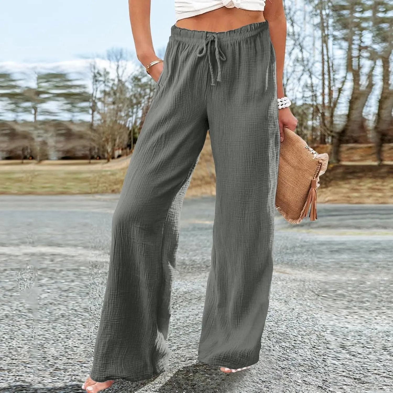 Womens Wide Leg Sweatpants Winter on Outfits Jegging with Pockets Solid Color Fleece Lined