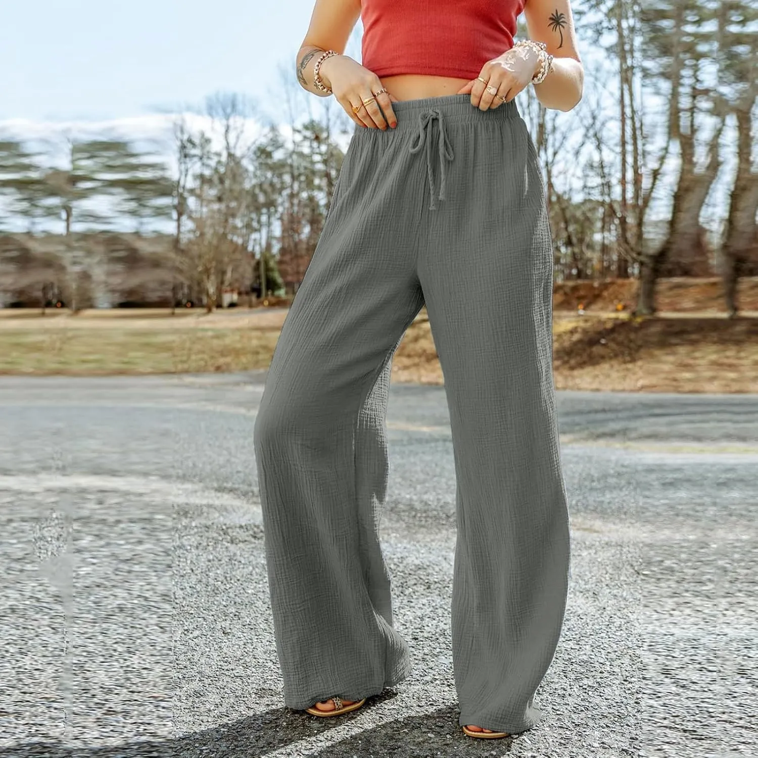 Womens Wide Leg Sweatpants Winter on Outfits Jegging with Pockets Solid Color Fleece Lined